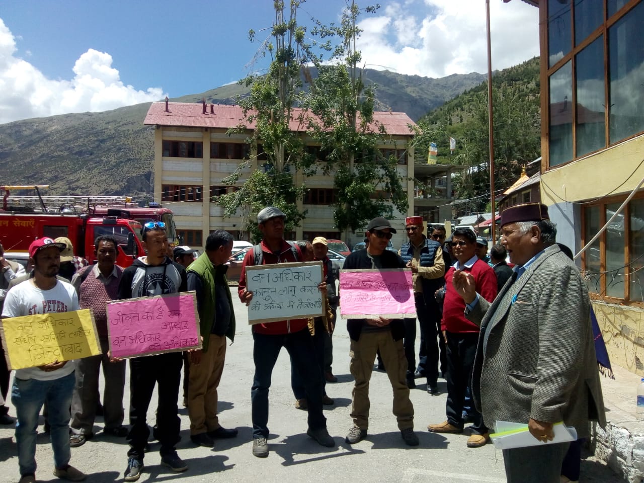 Members of Save Lahaul Spiti Society protesting in front of the District Collector office in Keylong.